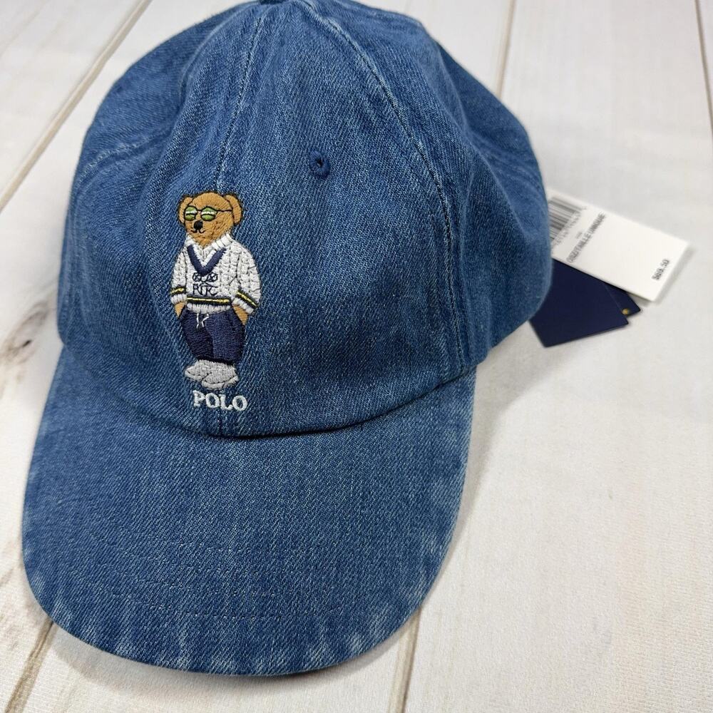 PRL Polo Bear Denim Hat Mens OS Blue Leather Strap Cap NEW Polo Ralph Lauren - Picture 3 of 15